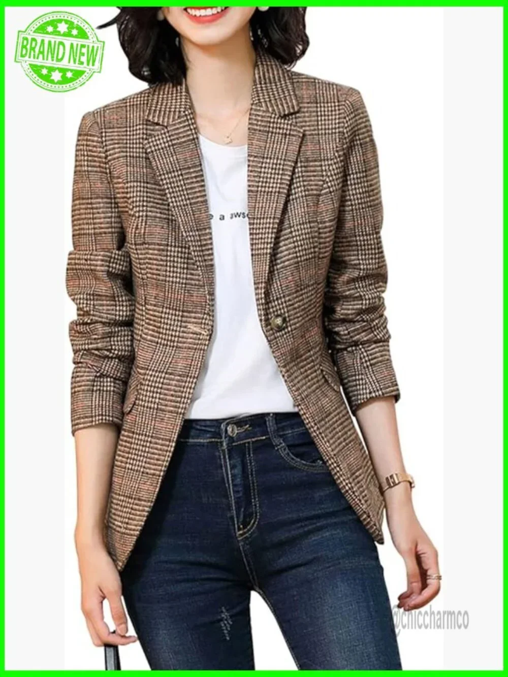 Womens Notch Lapel 2 Button Blazer Houndstooth Plaid Jacket Coat Suit